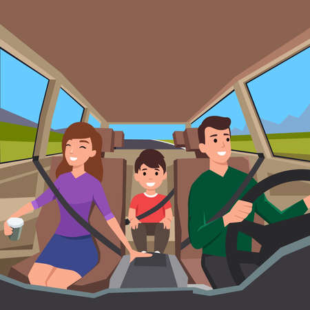 family driving to a road trip illustrationのイラスト素材