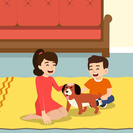 Children boy and girl playing with their dog in the living room. Flat vector illustration art with couch on the backgroundのイラスト素材