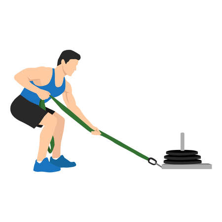 Man doing sled pulls exercise. Flat vector illustration isolated on white background with layer. Workout characterのイラスト素材