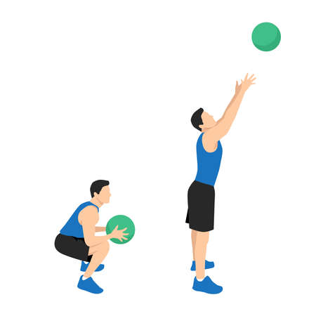 Medicine ball throw exercise. Flat vector illustration isolated on white background. workout character setのイラスト素材