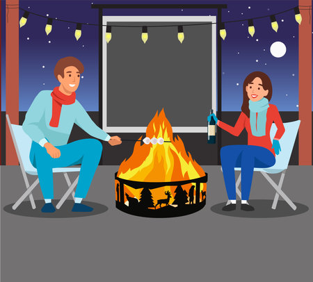 Couple barbecue outdoor with camp fire and wearing winter clothes flat vector illustrationのイラスト素材