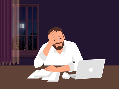 Professional burnout syndrome. Exhausted sick tired male manager in office working overtime. Frustrated worker mental health problemsのイラスト素材