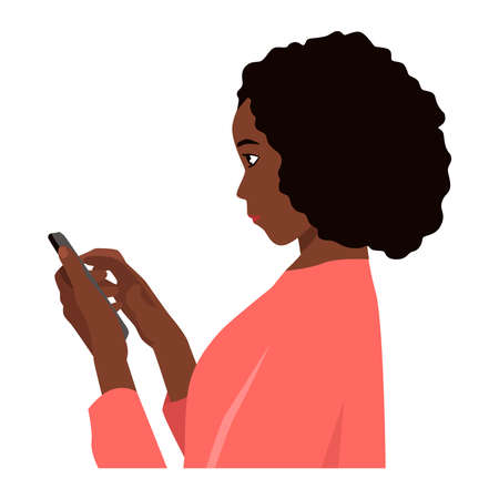 Young African American woman typing on her phone. Side view flat vector illustrationのイラスト素材