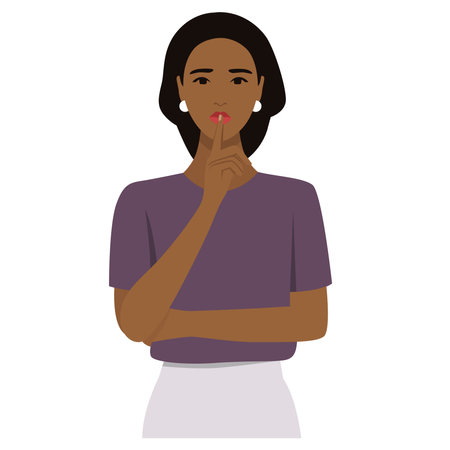 Woman putting her finger on mouth. Asking the audience to keep silence. Flat vector illustrationのイラスト素材