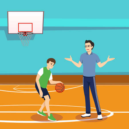 illustration of a basketball coach giving instruction to a boy who is dribbling the ball in the courtのイラスト素材