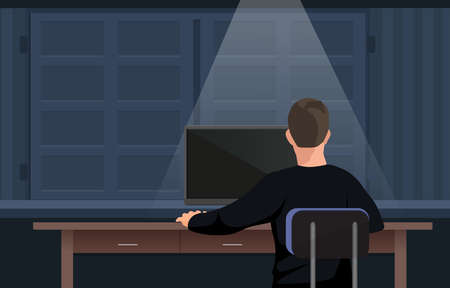 Man working on a computer. View from his back flat vector illustrationのイラスト素材