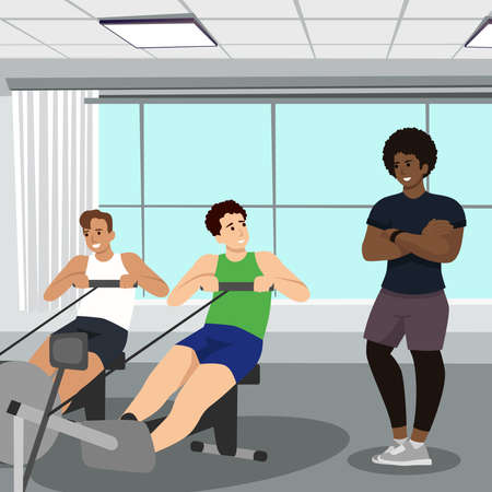 Professional fitness coach with training plan and men doing fitness exercises on a gym, people...