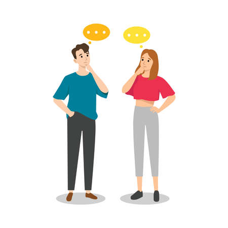 Collection of portraits of thoughtful people. Bundle of smart men and women thinking or solving problem. Set of pensive boys and girls surrounded by thought bubbles. Flat cartoon vector illustration.のイラスト素材