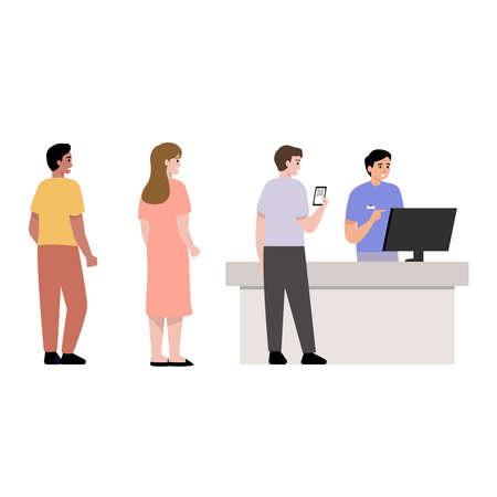 Customers Stand in Line. Purchases Sale Consumerism, Queue in Store Cartoon Flat Vector Illustration.のイラスト素材