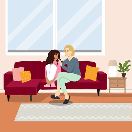 Woman comforting a sad kid for losing her parents flat vector illustrationのイラスト素材