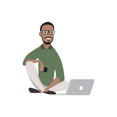 Cool man siting on the floor working on his laptop flat vector illustrationのイラスト素材