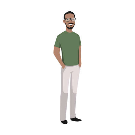 Cool man character standing with hand on the pocket flat vector illustration isolated on white backgroundのイラスト素材
