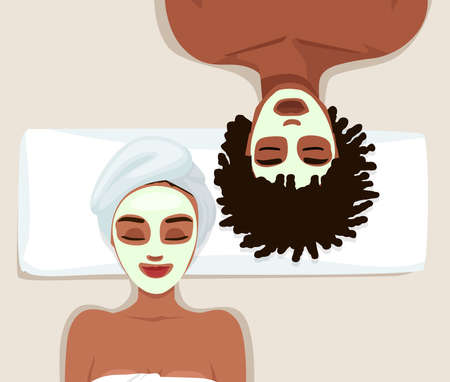 Portrait of couple with clay facial masks on their faces. Spa skin care treatment of girlfriends in bathrobe and headbands. Colored flat vector illustration isolated on white backgroundのイラスト素材