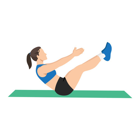 Woman doing abdominal workout with v-ups exercise exercise. Flat vector illustration isolated on white backgroundのイラスト素材