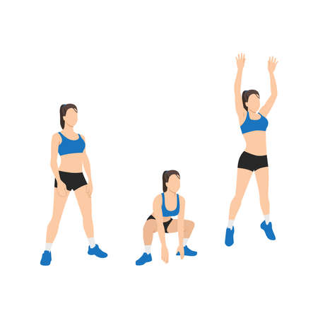 Woman doing Frog jumps exercise. Flat vector illustration isolated on white backgroundのイラスト素材