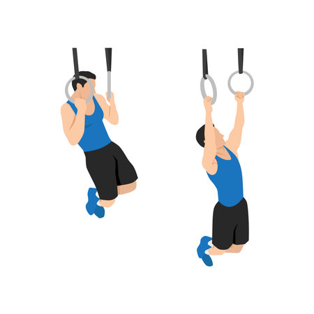 Man doing Gymnastic ring pull ups exercise. Flat vector illustration isolated on white backgroundのイラスト素材