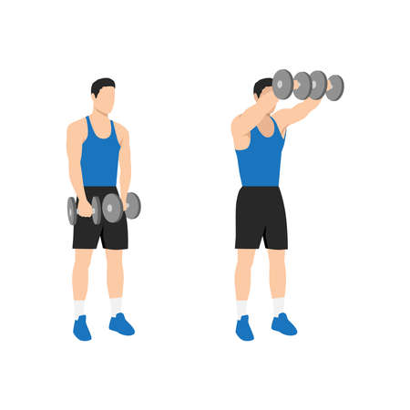 Man doing Two arm dumbbell front shoulder raises exercise. Flat vector illustration isolated on white backgroundのイラスト素材