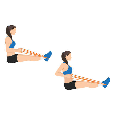 Woman doing Band seated row exercise. Flat vector illustration isolated on white backgroundのイラスト素材