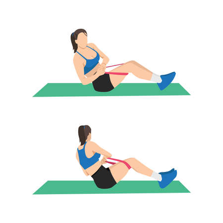 Woman doing Russian twist resistance band exercise. Flat vector illustration isolated on white...