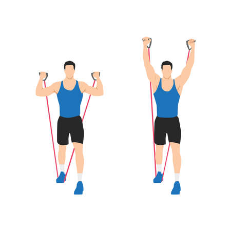Man doing Resistance band standing shoulder press. overhead press exercise. Flat vector illustration...