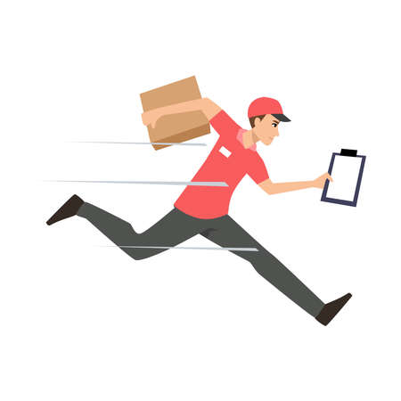courier boy running delivery package box to customer, express delivery service symbol cartoon flat illustration vector isolated in white backgroundのイラスト素材