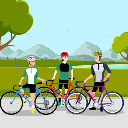 The Group of cyclists man in the side road. bicycle racing. Vector illustrator.のイラスト素材