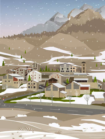 Landscape in winter with a small town and mountains. Vector illustration in the flat styleのイラスト素材