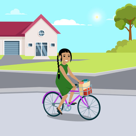 Cute little girl riding bike, summer outdoor activity in cartoon style on white backgroundのイラスト素材