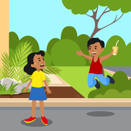 Happy kid cartoon playing together at yard. Indian kids flat vector illustration isolated on backgroundのイラスト素材