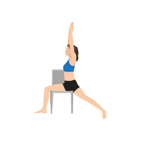 Woman doing Chair warrior I. Virabhadrasana exercise. Flat vector illustration isolated on white backgroundのイラスト素材