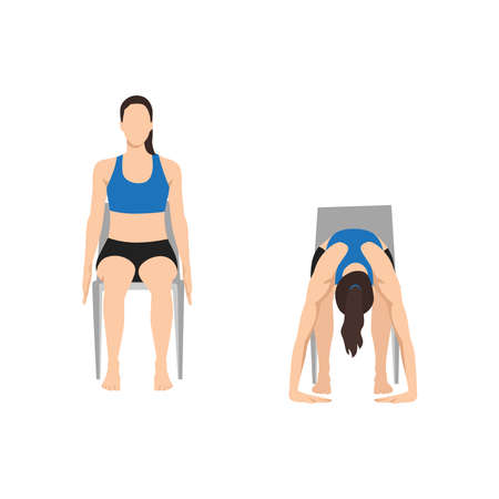 Woman doing Chair forward bend. Uttanasana exercise. Flat vector illustration isolated on white backgroundのイラスト素材