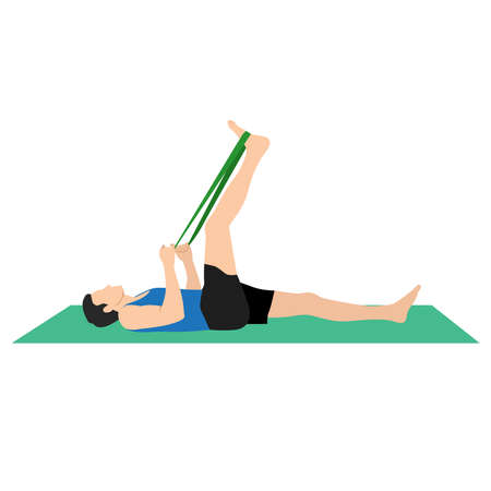 Yoga Man in Supta Padangusthasana or Reclining hand to big toe pose. Male cartoon character practicing Hatha yoga. Man demonstrating exercise during gymnastics training. Flat vector illustration.のイラスト素材