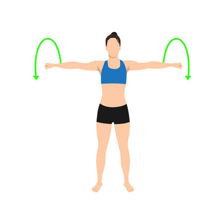 Woman doing Arm circles exercise. Flat vector illustration isolated on white backgroundのイラスト素材