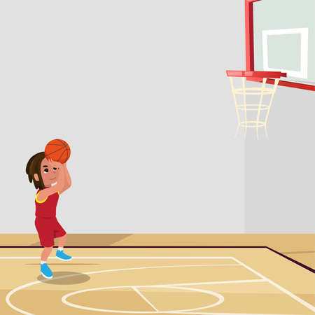 Basketball Player Child Set Vector. Poses. Leads The Ball. Sport Game Competition. Sport. Isolated Flat Cartoon Illustrationのイラスト素材