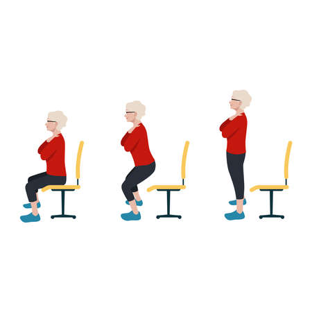 Old woman sit to stand exercise. Once standing, raise your head so you are looking forward and pull the shoulders down and back. Slowly lower yourself back down to sitting.のイラスト素材