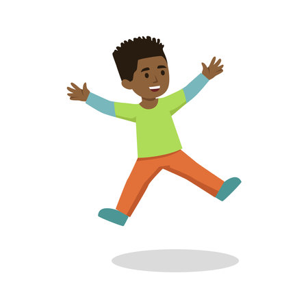 Happy boy and jump flat vector illustration isolated on white backgroundのイラスト素材