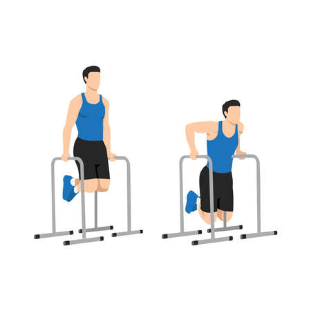 Man doing Master tricep dip exercise. Flat vector illustration isolated on white background. workout character setのイラスト素材