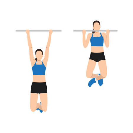 Woman doing Chin up exercise. Flat vector illustration isolated on white background. workout...
