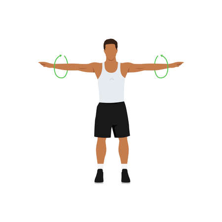 Man doing Standing arm circles exercise. Flat vector illustration isolated on white backgroundのイラスト素材