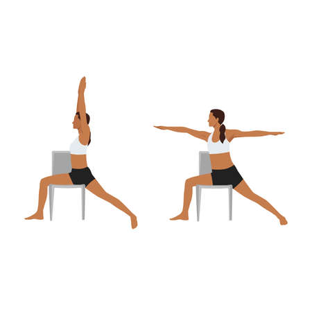 Woman doing Chair warrior II. Virabhadrasana exercise. Flat vector illustration isolated on white backgroundのイラスト素材