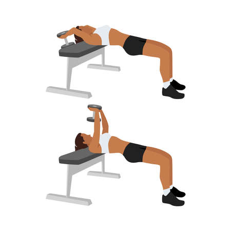 Woman doing dumbbell pullover exercise. Flat vector illustration isolated on white backgroundのイラスト素材