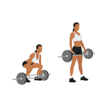 Woman doing Hex trap bar. Cage deadlifts. Squats exercise. Flat vector illustration isolated on white backgroundのイラスト素材