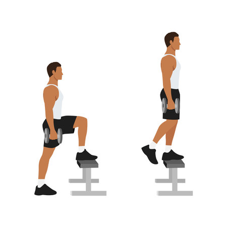 Man doing Dumbbell step ups exercise. Flat vector illustration isolated on white backgroundのイラスト素材