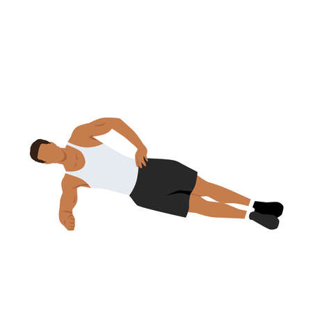 Man doing side plank. Abdominals exercise. Flat vector illustration isolated on white background.Editable file with layersのイラスト素材