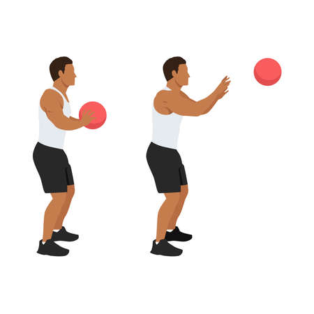 Man doing medicine ball chest pass exercise flat vector illustration isolated on white backgroundのイラスト素材