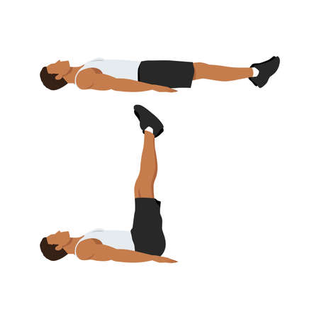 Man doing lying leg raises exercise. Abdominals exercise. body weight lifts flat vector illustrationのイラスト素材