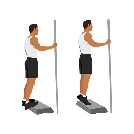 Exercises that can be done at-home. Stand on a step so heel can drop lower than the rest of foot at the bottom of the movement. with Calf raises posture.