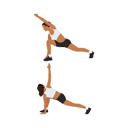Woman doing Lunge with reach and twist stretch exercise. Flat vector illustration isolated on white backgroundのイラスト素材