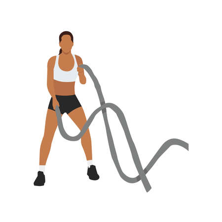 Woman doing Battle rope snakes exercise. Flat vector illustration isolated on white backgroundのイラスト素材