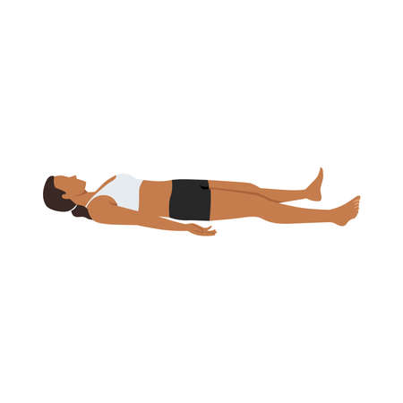 Woman doing Shavasana or Corpse Pose. Yoga Practice exercise. Flat vector illustration isolated on white backgroundのイラスト素材